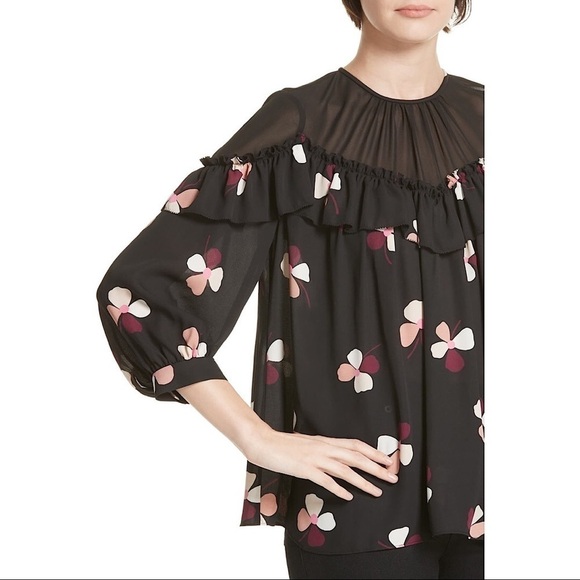 NWT Kate Spade Black Floral Glitzy Ritzy Dusk Buds Ruffle Top Size XXS - Picture 4 of 11